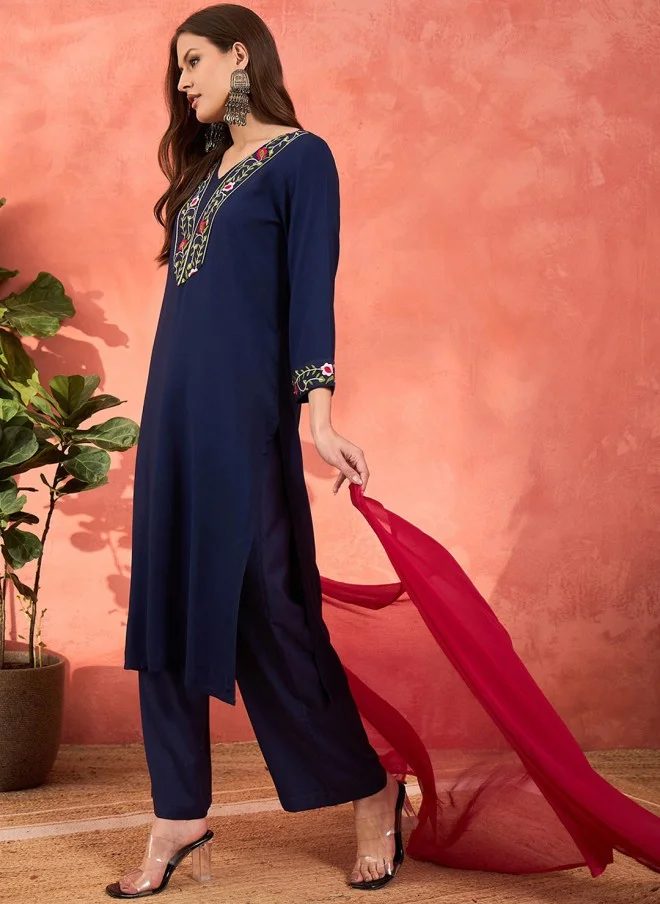 SASSAFRAS Embroidered Kurta with Palazzos and Dupatta for Women