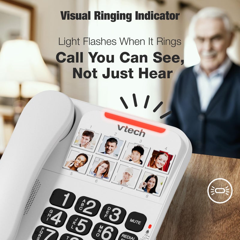 VTech Corded Senior Phone for Elderly with High-Contrast Large Buttons, 8 Photo Speed Dial, Talking Digits, Visual Ringer, Full-Duplex, No AC Power, Earpiece and Speakerphone Volume Control | SN1117 - Image 4