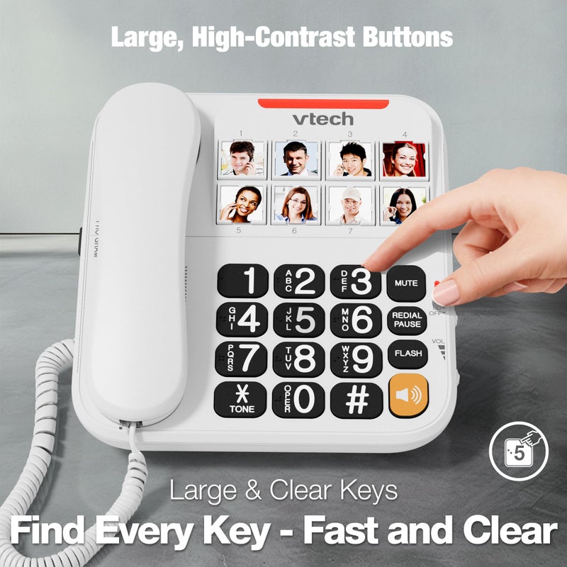 VTech Corded Senior Phone for Elderly with High-Contrast Large Buttons, 8 Photo Speed Dial, Talking Digits, Visual Ringer, Full-Duplex, No AC Power, Earpiece and Speakerphone Volume Control | SN1117 - Image 3