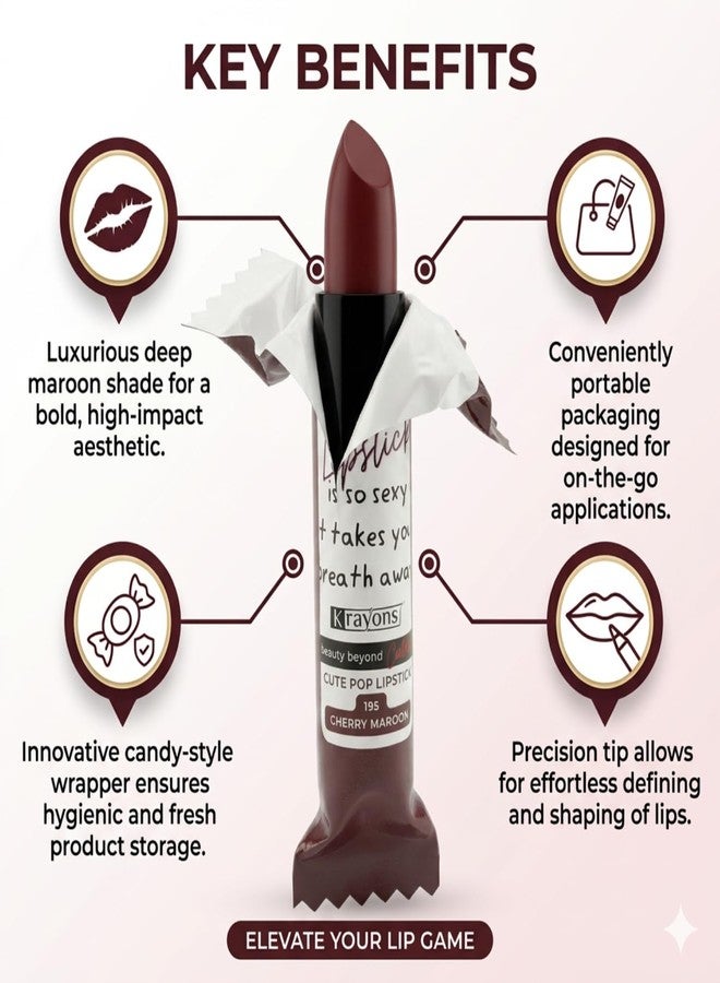 Krayons Cute Pop Matte Lipstick for Women - Shade 195 Cherry Maroon, India’s 1st Twist-Wrap Lip Stick, Long Stay Waterproof Lipstic, Rich Pigmented Daily Wear Matt Lipsticks, 3.5g - Image 2