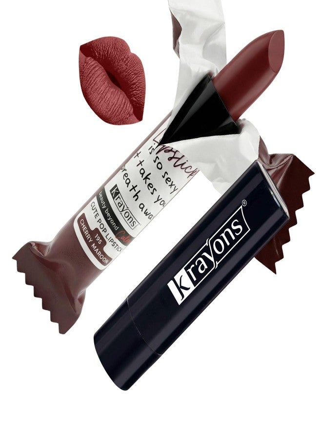 Krayons Cute Pop Matte Lipstick for Women - Shade 195 Cherry Maroon, India’s 1st Twist-Wrap Lip Stick, Long Stay Waterproof Lipstic, Rich Pigmented Daily Wear Matt Lipsticks, 3.5g - Image 1