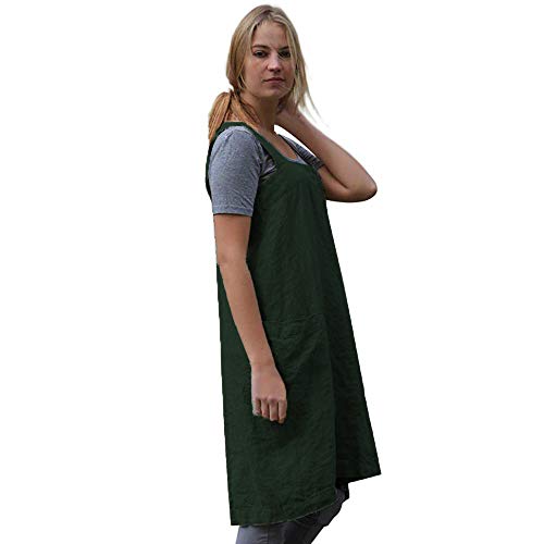 Larmliss Women's Pinafore Square Apron Baking Cooking Gardening Works Cross Back Cotton/Linen Blend Dress with 2 Pockets Dark Green-L - Image 4