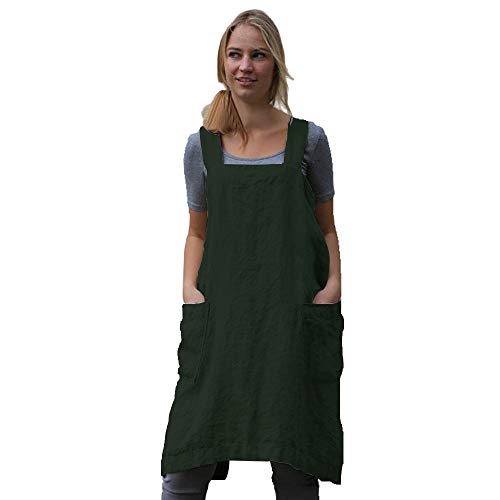 Larmliss Women's Pinafore Square Apron Baking Cooking Gardening Works Cross Back Cotton/Linen Blend Dress with 2 Pockets Dark Green-L - Image 1