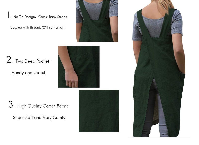 Larmliss Women's Pinafore Square Apron Baking Cooking Gardening Works Cross Back Cotton/Linen Blend Dress with 2 Pockets Dark Green-L - Image 3