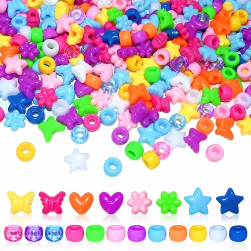 Amaney 500pcs Assorted Acrylic Beads Heart Flower Butterfly Star and Pony Beads Multi Color Big Hole for Bracelet Necklace Craft Jewelry Making