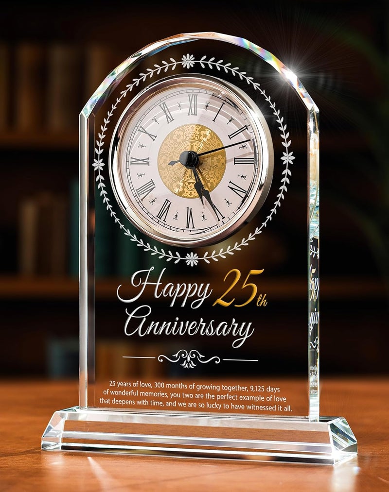 Sttokilly 25th Wedding Anniversary Crystal Quartz Clock,25 Years of Marriage Gift,Happy Silver Anniversary Decoration Gift,for Parents,Grandparents,Couple - Image 1