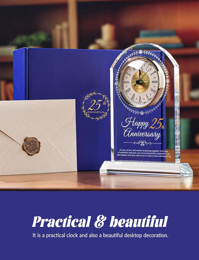 Sttokilly 25th Wedding Anniversary Crystal Quartz Clock,25 Years of Marriage Gift,Happy Silver Anniversary Decoration Gift,for Parents,Grandparents,Couple - Image 3