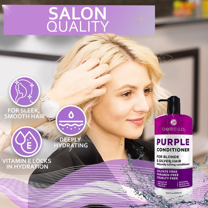 BELLISSO Purple Conditioner for Blonde Hair - Sulfate and Paraben Free Toner - No More Orange and Yellow Brassy Tones - More Balance for Color Treated, Bleached, Silver, White and Gray Hair - Women and Men - Image 5