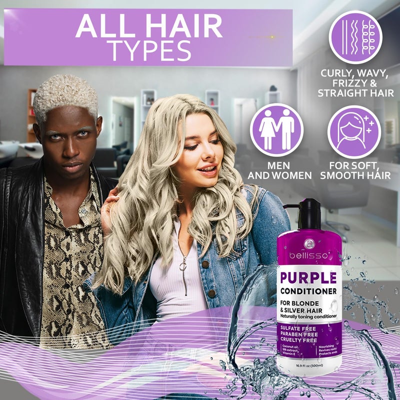 BELLISSO Purple Conditioner for Blonde Hair - Sulfate and Paraben Free Toner - No More Orange and Yellow Brassy Tones - More Balance for Color Treated, Bleached, Silver, White and Gray Hair - Women and Men - Image 4