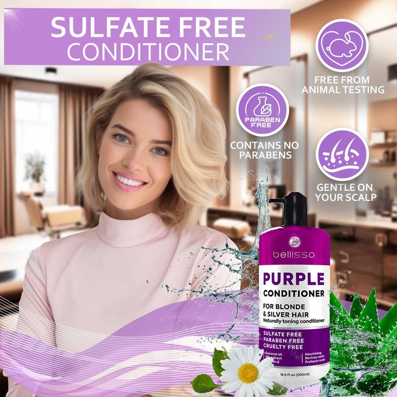 BELLISSO Purple Conditioner for Blonde Hair - Sulfate and Paraben Free Toner - No More Orange and Yellow Brassy Tones - More Balance for Color Treated, Bleached, Silver, White and Gray Hair - Women and Men - Image 3