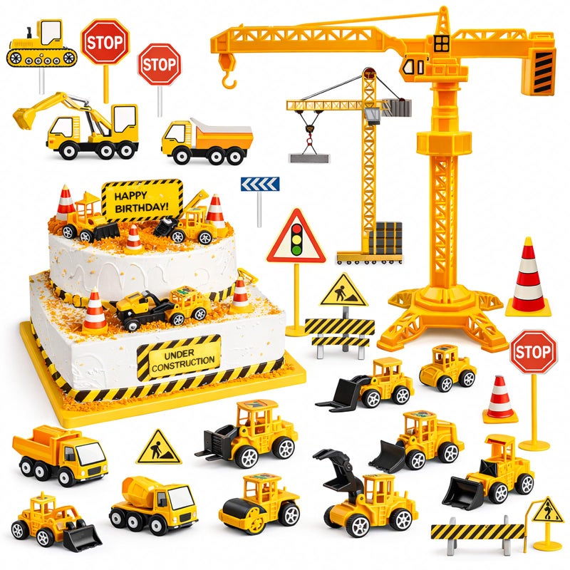 HERCOCCI 25Pcs Construction Cake Topper, Excavator Tower Cupcake Topper Bulldozer Backhoe Traffic Road Sign Cake Decor Vehicles Decorations Construction Birthday Party Supplies - Image 1