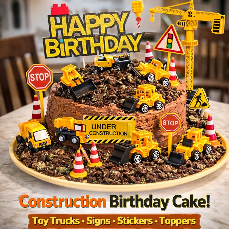 HERCOCCI 25Pcs Construction Cake Topper, Excavator Tower Cupcake Topper Bulldozer Backhoe Traffic Road Sign Cake Decor Vehicles Decorations Construction Birthday Party Supplies - Image 5