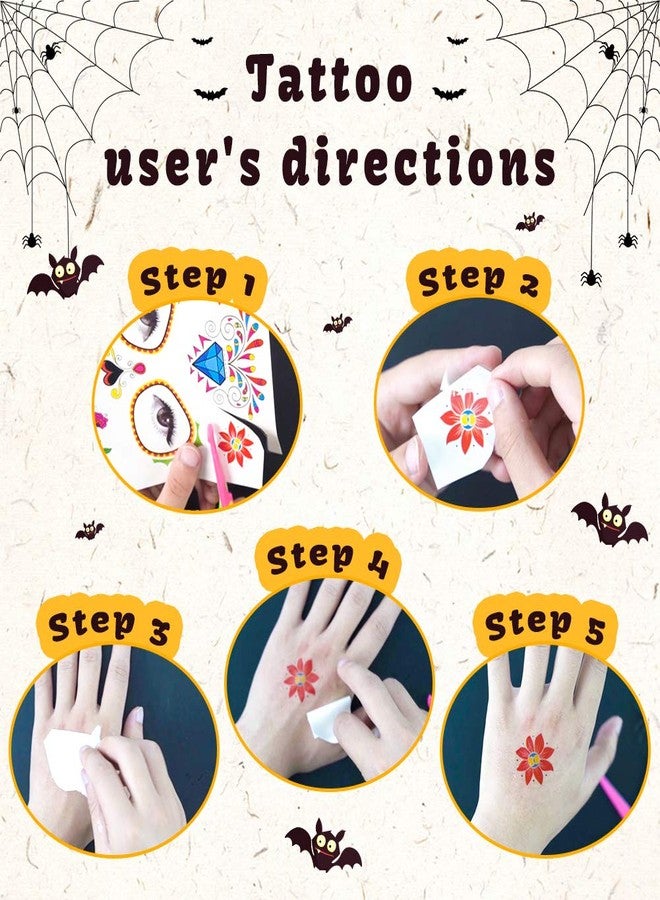 3 otters Halloween Face Tattoos 19PCS, Sugar Skull & Skeleton Temporary Tattoos for Day of the Dead, Costume Parties, Dia de Muertos Events, Face Body Art - Image 3