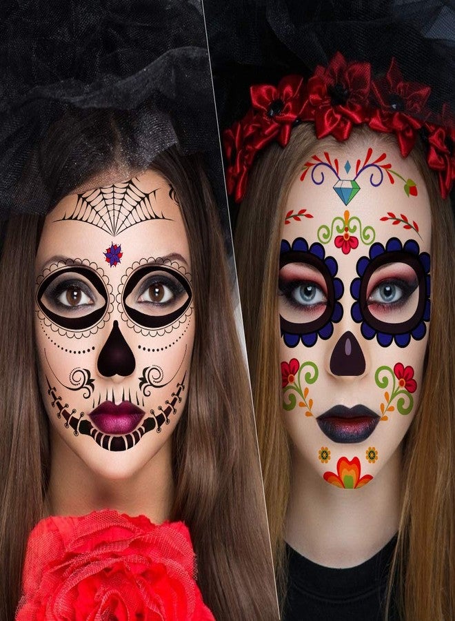 3 otters Halloween Face Tattoos 19PCS, Sugar Skull & Skeleton Temporary Tattoos for Day of the Dead, Costume Parties, Dia de Muertos Events, Face Body Art - Image 5