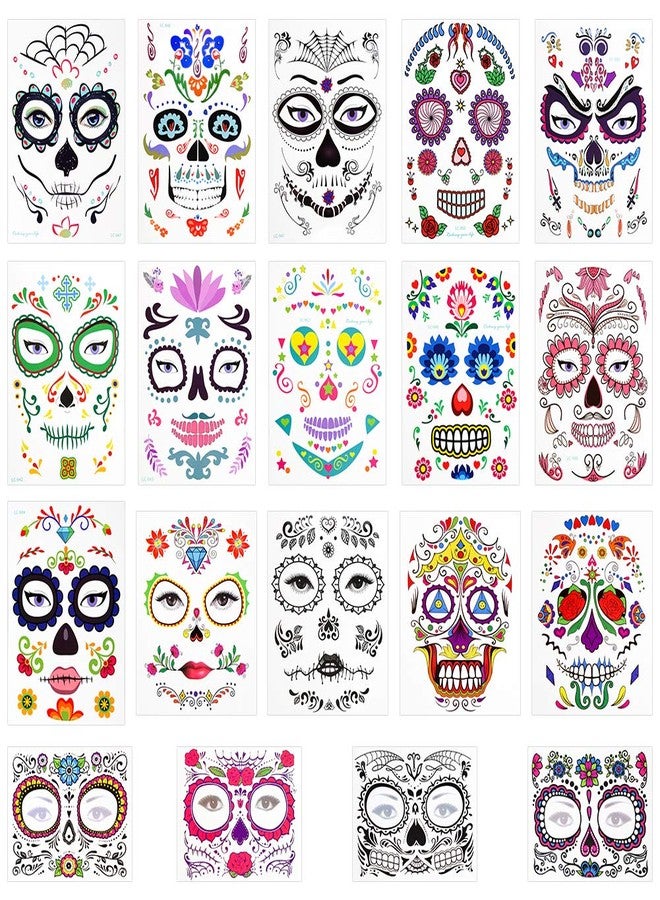 3 otters Halloween Face Tattoos 19PCS, Sugar Skull & Skeleton Temporary Tattoos for Day of the Dead, Costume Parties, Dia de Muertos Events, Face Body Art - Image 1