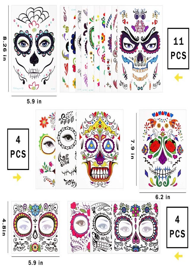 3 otters Halloween Face Tattoos 19PCS, Sugar Skull & Skeleton Temporary Tattoos for Day of the Dead, Costume Parties, Dia de Muertos Events, Face Body Art - Image 2