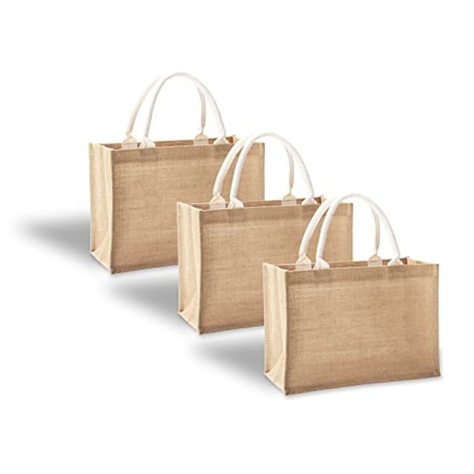 YACEYACE Jute Bags with handles, 14.5" x 6.7" x 10.2" Pack of 3 Medium Burlap Tote Bags, Reusable Bag for DIY, Shopping, Beach, Pool, Wedding Welcome Bag - Image 4