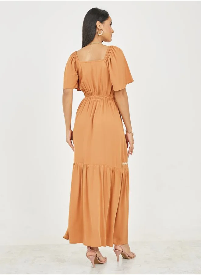 Styli Embroidered Sweetheart Neck A-Line Maxi Dress