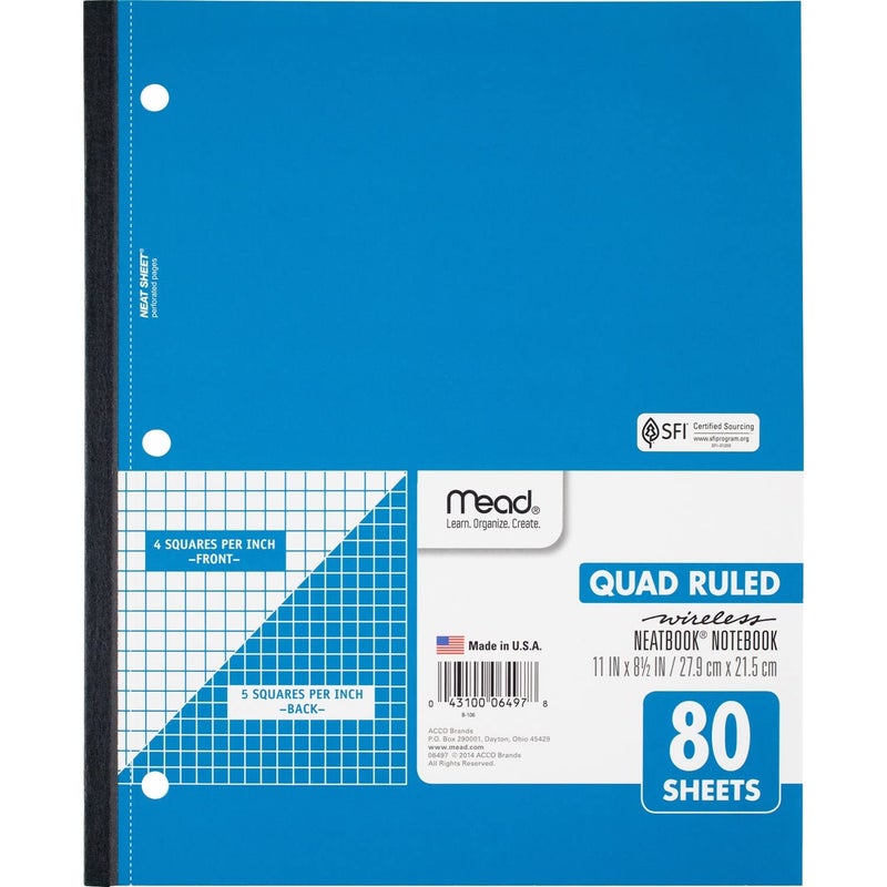 Mead Notebook, Wireless, 1 Subject, Quad Ruled, 8-1/2" x 11", 80 Sheets, Neatbook, Assorted Colors, Color Will Vary (06497)