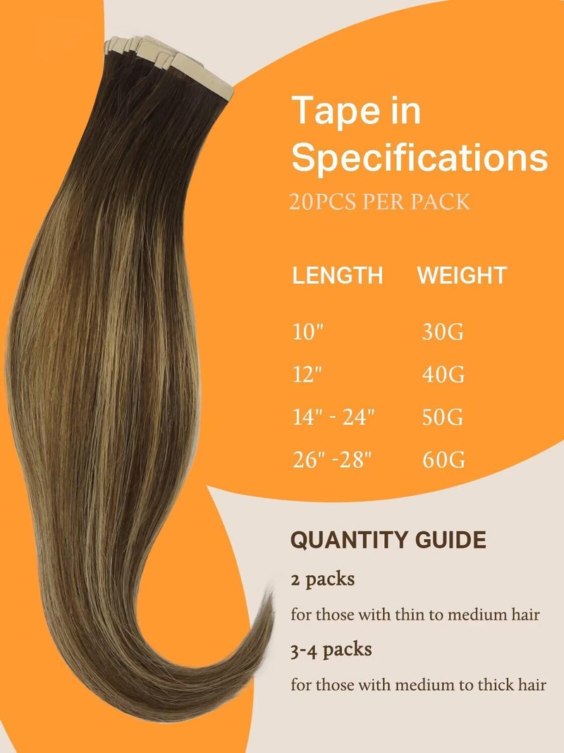 DOORES Tape in Hair Extensions Balayage Chocolate Brown to Caramel Blonde 50g 20pcs 24 Inch Real Human Hair Extensions Tape in Natural Hair Skin Weft Seamless Straight Tape Hair Extensions - Image 4