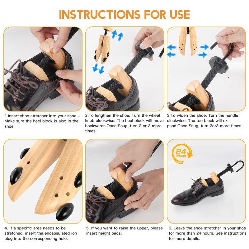 eachway Wooden Shoe Stretcher Men and Women for Wide Feetï¼ŒPair Premium of 4-way Shoe Tree Widener Stretch Length & Width L for Men's Size Us 10-13.5 - Image 5