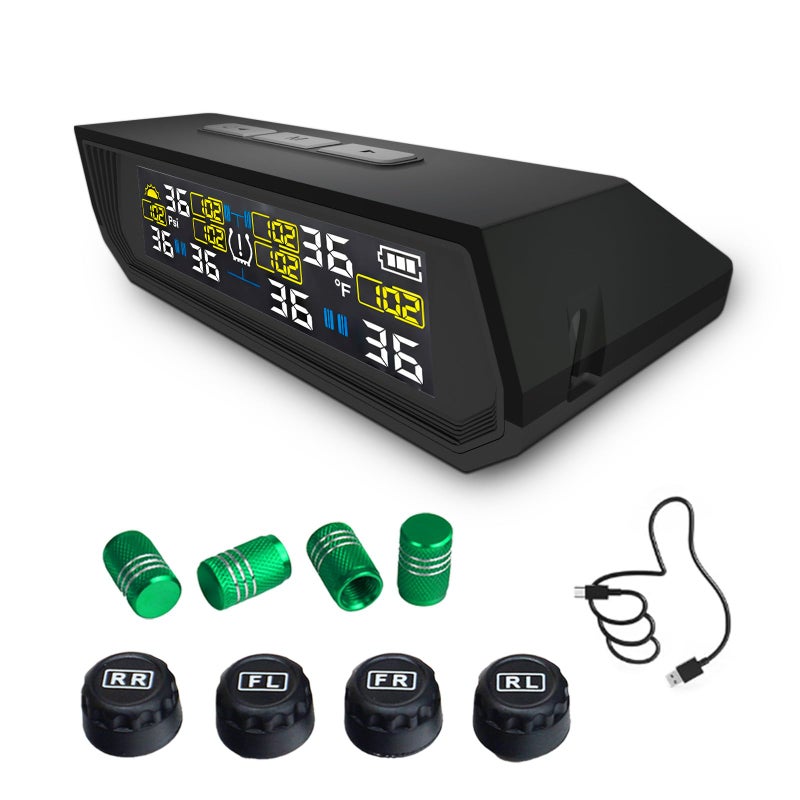 AOVSTOXIC Tire Pressure Monitoring System TPMS, Solar Charge Tire Pressure Monitor with 4 External Sensors & 6 Alarm Modes, 0-99 PSI, Real-time Wireless TPMS for Car Sedan SUV Pickup - with 4 Tire Valve Caps - Image 5