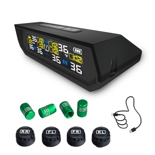 AOVSTOXIC Tire Pressure Monitoring System TPMS, Solar Charge Tire Pressure Monitor with 4 External Sensors & 6 Alarm Modes, 0-99 PSI, Real-time Wireless TPMS for Car Sedan SUV Pickup - with 4 Tire Valve Caps - Image 1