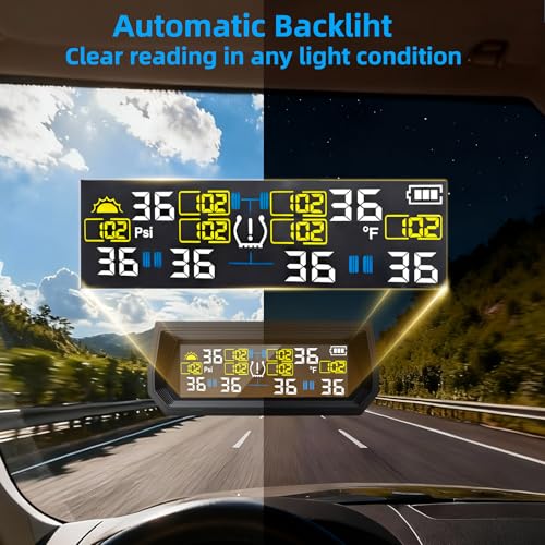 AOVSTOXIC Tire Pressure Monitoring System TPMS, Solar Charge Tire Pressure Monitor with 4 External Sensors & 6 Alarm Modes, 0-99 PSI, Real-time Wireless TPMS for Car Sedan SUV Pickup - with 4 Tire Valve Caps - Image 3