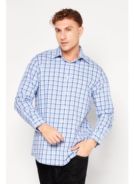 Michael Kors Men Regular Fit Spread Collar Long Sleeve Checkered Dress Shirt, Blue Combo  - Image 1
