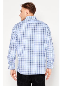 Michael Kors Men Regular Fit Spread Collar Long Sleeve Checkered Dress Shirt, Blue Combo  - Image 2