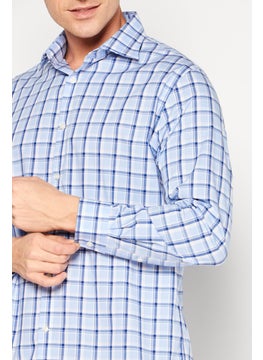 Michael Kors Men Regular Fit Spread Collar Long Sleeve Checkered Dress Shirt, Blue Combo  - Image 3
