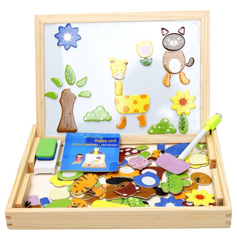 Children's toys wooden magnetic puzzle puzzle animal puzzle double-sided magnetic drawing board children's puzzle puzzle(Animal Spelling) - Image 1