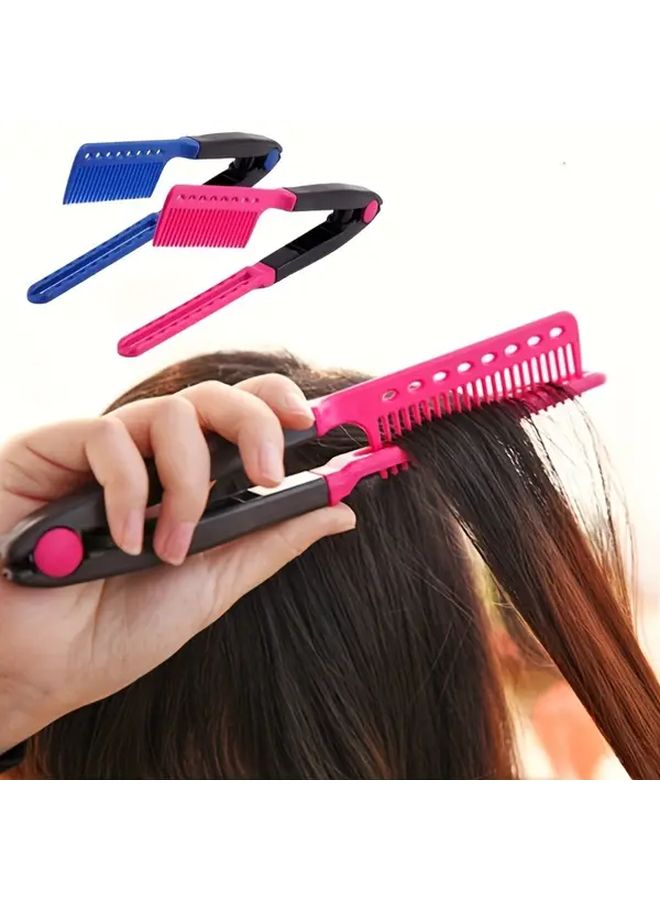 Blue V Shape Clamp Hair Straightener And Curler Comb Anti Static Portable Styling Tool - Image 4