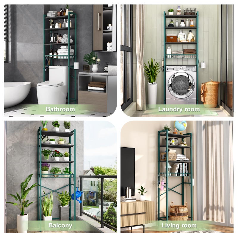 Kalrin Over-The-Toilet Storage Rack, 4-Tier Bathroom Organizer Shelf Over Toilet with Adjustable Shelf and Basket, Freestanding Space Saver Bathroom Shelves Above Toilet for Room (Green- Black) - Image 3