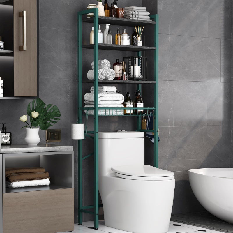 Kalrin Over-The-Toilet Storage Rack, 4-Tier Bathroom Organizer Shelf Over Toilet with Adjustable Shelf and Basket, Freestanding Space Saver Bathroom Shelves Above Toilet for Room (Green- Black) - Image 1