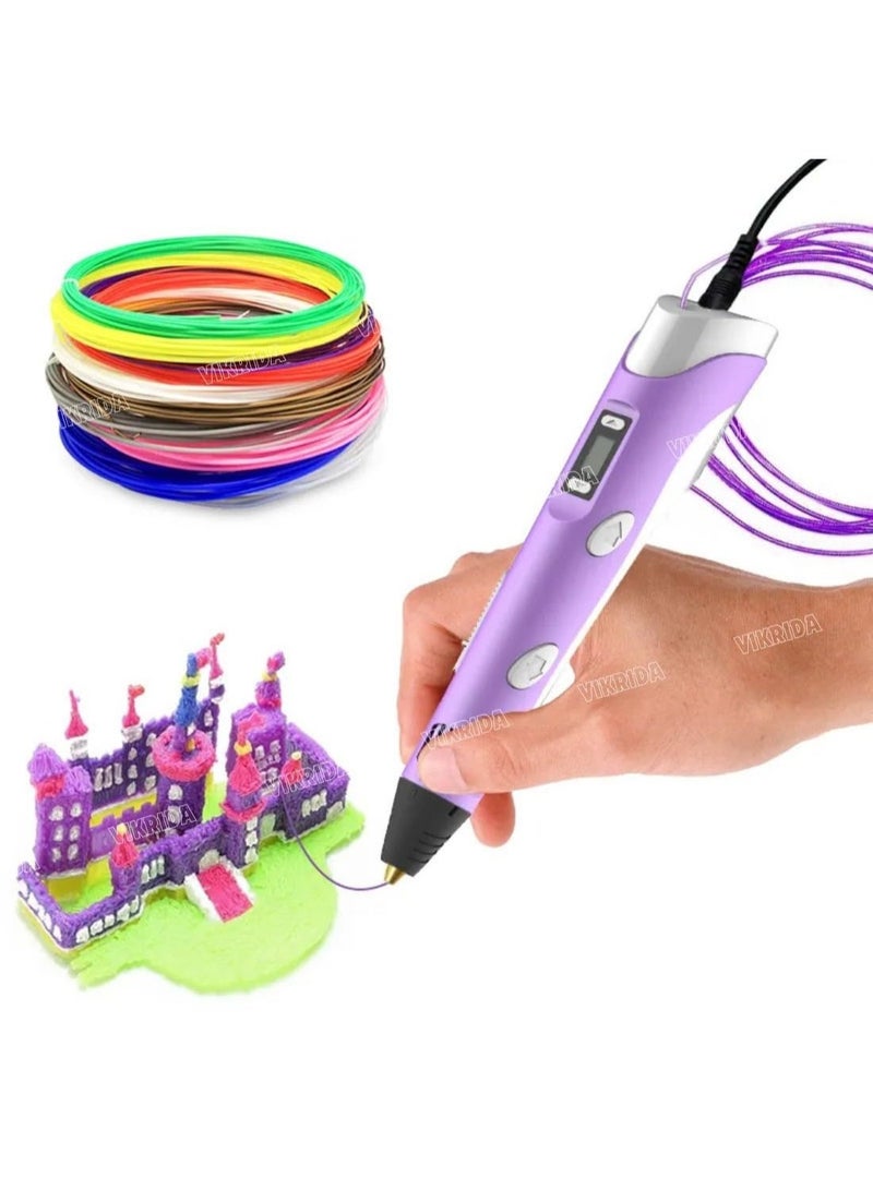 أكاليكس قلم طباعة ثلاثي الأبعاد متعدد الألوان مع شاشة LCD متوافق مع خيوط PLA/ABS مقاس 1.75 مم USB هدية مثالية للأطفال باللون الأرجواني