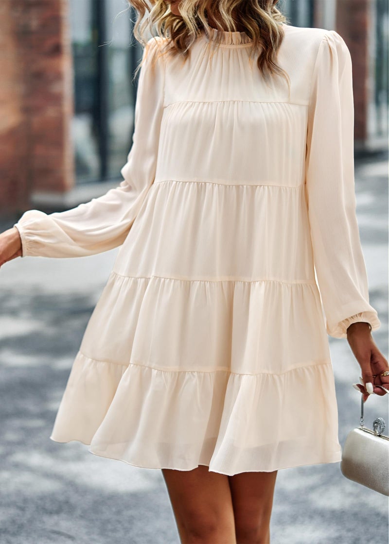 KIRUNDO Long Sleeve Baby Doll Dresses Women 2026 Casual Spring Summer Ruffle Mock Neck Tiered Mini Flowy Swing Shift Dress(Apricot, Large) - Image 4