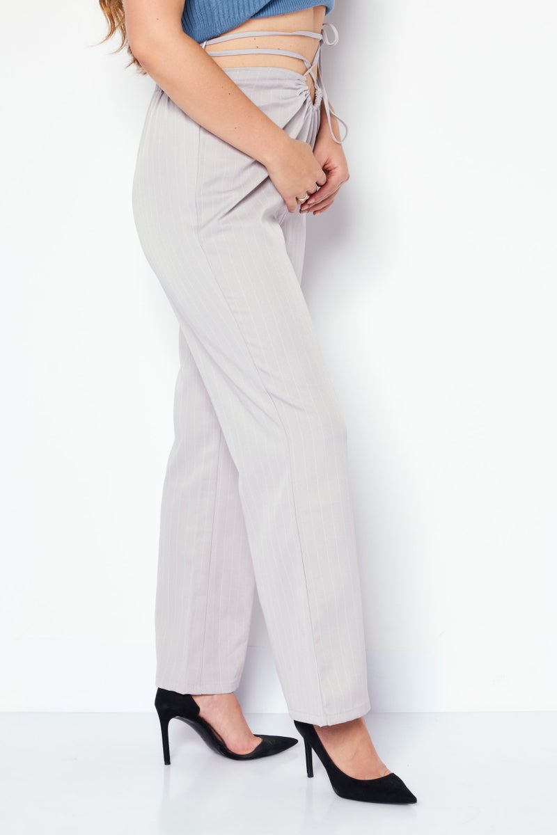 4th & Reckless Women Petite Micro Stripe Print Wide Leg Pants, Light Grey - Image 2