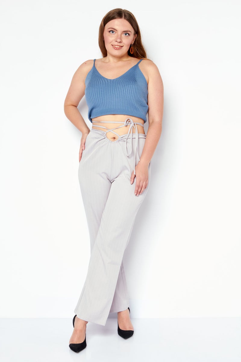 4th & Reckless Women Petite Micro Stripe Print Wide Leg Pants, Light Grey - Image 3