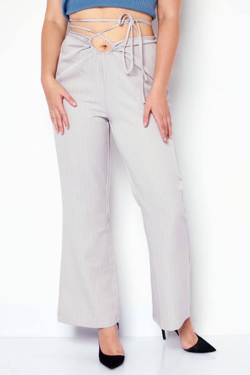 4th & Reckless Women Petite Micro Stripe Print Wide Leg Pants, Light Grey - Image 1