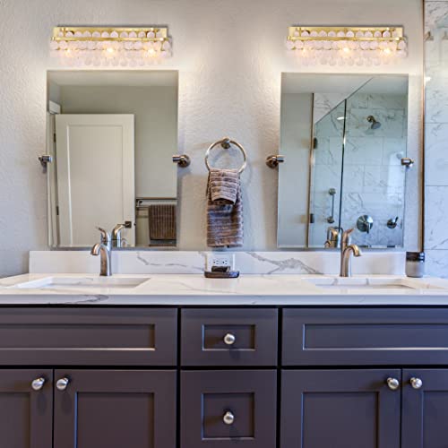 TOCHIC 3 Lights Vanity Light with Natural Capiz Shell Shade, Brushed Gold Bathroom Dimmable Vanity Light, Modern Wall Lighting Fixture for Mirror Cabinets, Powder Room, Bedroom, Living Room, 23”W - Image 2