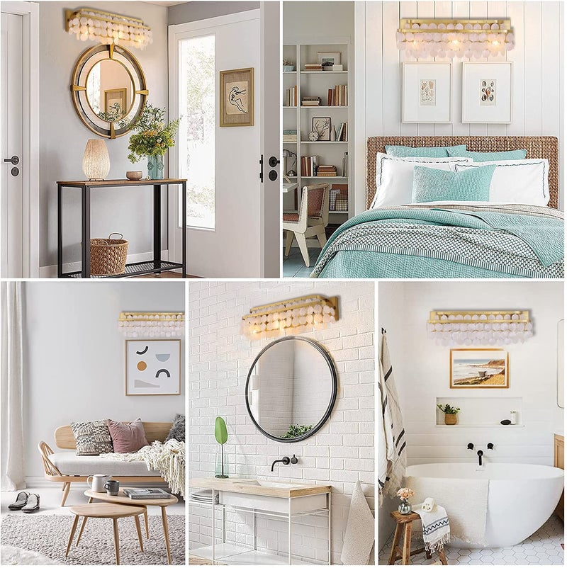 TOCHIC 3 Lights Vanity Light with Natural Capiz Shell Shade, Brushed Gold Bathroom Dimmable Vanity Light, Modern Wall Lighting Fixture for Mirror Cabinets, Powder Room, Bedroom, Living Room, 23”W - Image 5