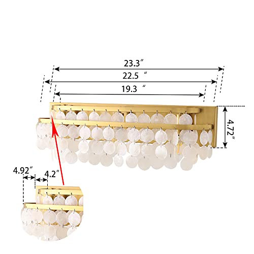 TOCHIC 3 Lights Vanity Light with Natural Capiz Shell Shade, Brushed Gold Bathroom Dimmable Vanity Light, Modern Wall Lighting Fixture for Mirror Cabinets, Powder Room, Bedroom, Living Room, 23”W - Image 3