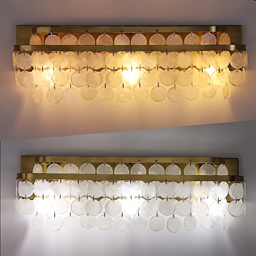 TOCHIC 3 Lights Vanity Light with Natural Capiz Shell Shade, Brushed Gold Bathroom Dimmable Vanity Light, Modern Wall Lighting Fixture for Mirror Cabinets, Powder Room, Bedroom, Living Room, 23”W - Image 4
