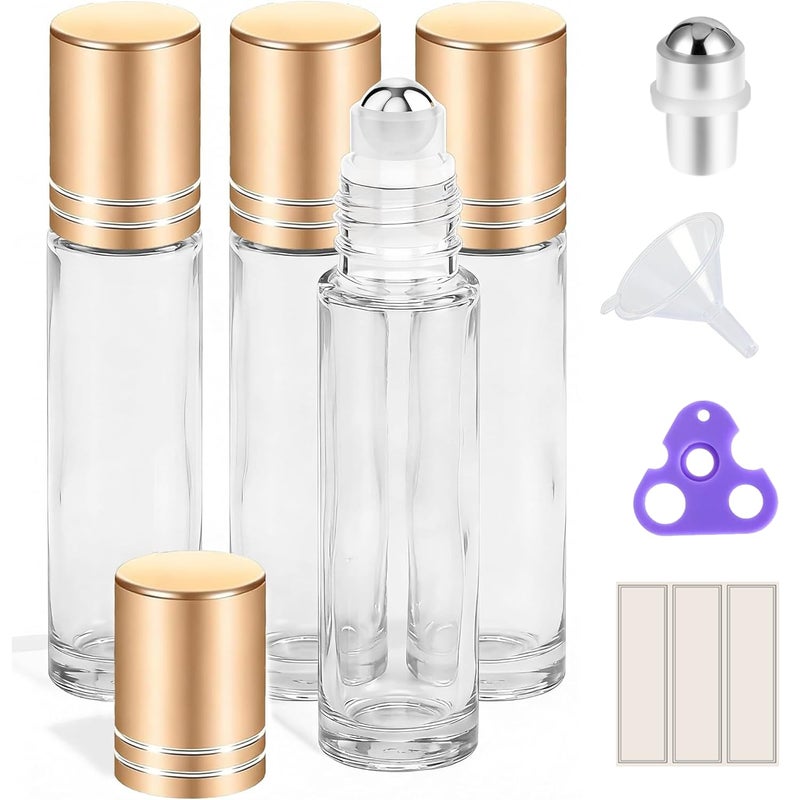 PrettyCare 4 Pack 10 ml Essential Oil Roller Bottles with Stainless Steel Roller Ball Refillable Leakproof Empty Thick Clear Glass Roll on Bottles with Metal Caps for Travel Perfume - Image 3