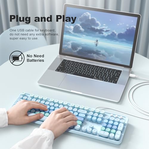 MOWUX Computer Keyboard Wired, Plug and Play USB Retro Round Typewriter Keyboard, Full Size Wired Keyboard with Foldable Stands for Laptop and Office PC- Purple Gradient - Image 3