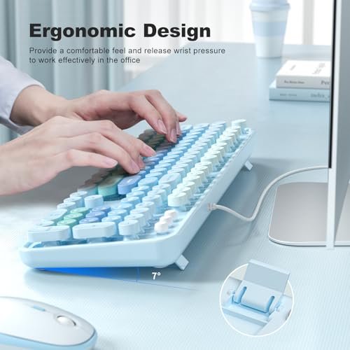 MOWUX Computer Keyboard Wired, Plug and Play USB Retro Round Typewriter Keyboard, Full Size Wired Keyboard with Foldable Stands for Laptop and Office PC- Purple Gradient - Image 4