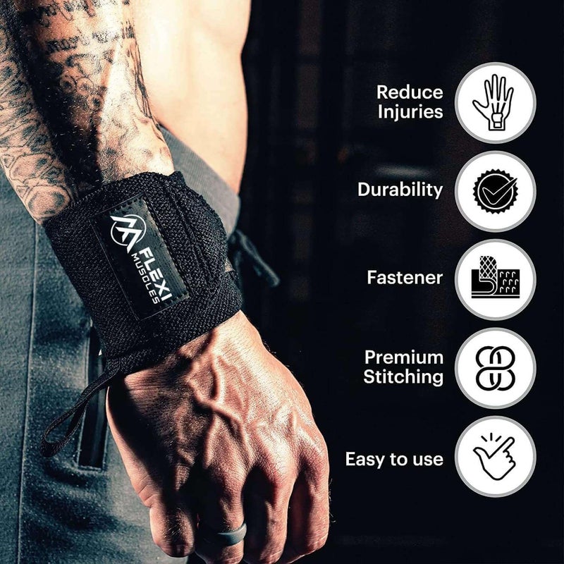 FLEXI MUSCLES - Wrist Wraps for Weightlifting (1 Pair) Heavy-Duty Wrist Straps with Thumb Loops - Adjustable Wrist Support for Powerlifting, Strength Training, Bodybuilding, and Gym Workouts - Image 4