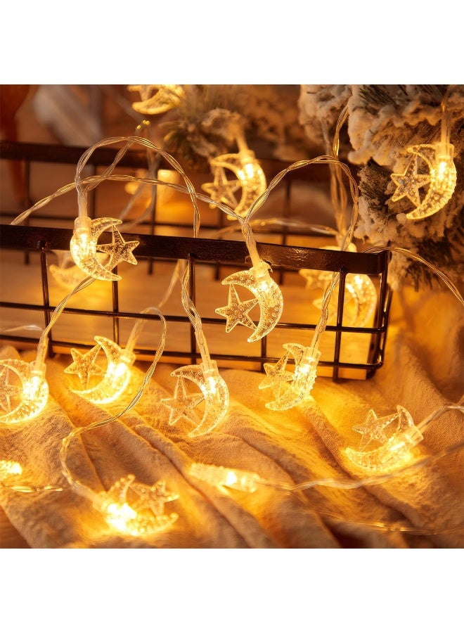 أضواء زينة رمضانية على شكل نجوم وأقمار - 3 أمتار/9.8 قدم، 30 مصباح LED، تعمل بالبطارية، لعيد الفطر المبارك ورمضان، لتزيين المنزل والمدفأة - Image 4