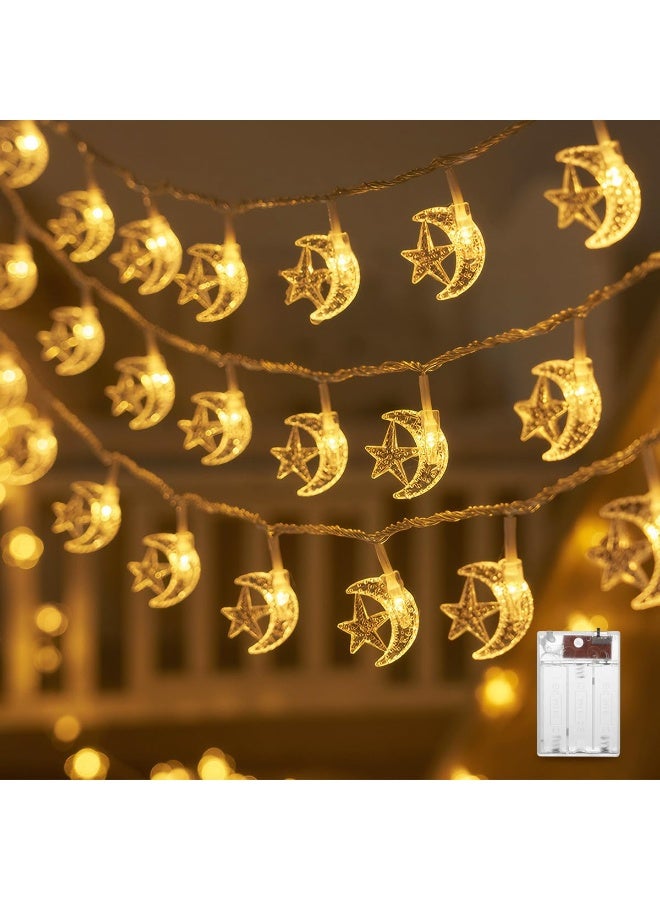 أضواء زينة رمضانية على شكل نجوم وأقمار - 3 أمتار/9.8 قدم، 30 مصباح LED، تعمل بالبطارية، لعيد الفطر المبارك ورمضان، لتزيين المنزل والمدفأة - Image 1